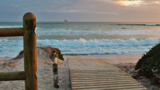 Wooden walkway beach waves ship - the distance free wallpaper