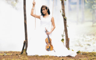 Woman white dress violin forest 2 - a white backdrop free wallpaper