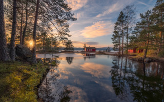 Lake trees redhouse sunset reflections - bruno liljefors free wallpaper