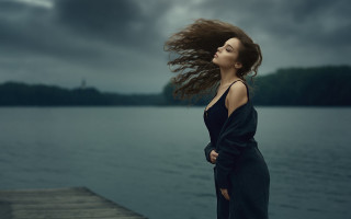 Woman dock wind sky water - the sky and water free wallpaper