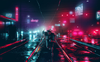 Neon cyberpunk traintrack night skyline - retrofuturism free wallpaper