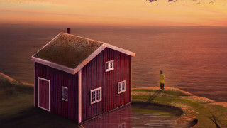 House person bird cliff magical - a painting of a house free wallpaper