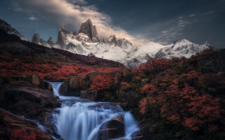 Waterfall mountain red trees snow - alexander brook free wallpaper