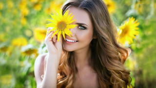Woman sunflower smiling field flower - facial feature free wallpaper