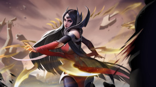 Woman armor sword flame hood - her hand behind her back free wallpaper