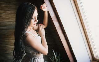 Woman window plant neo romanticism - natural light free wallpaper