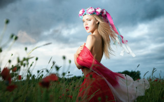 Woman red dress flower crown - impressionist free wallpaper