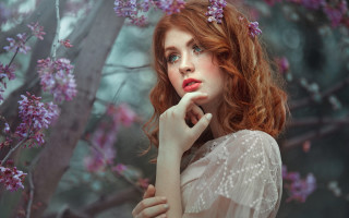 Redhair whitedress purpleflowers portrait photorealistic - arabella rankin free wallpaper for desktop
