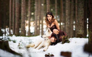 Woman snow dog forest fashion - a dog free wallpaper for desktop