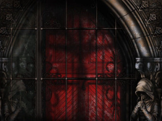 Gothic themed entrance red door - dark fantasy art free wallpaper