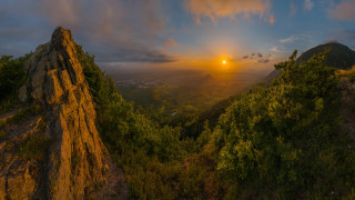 Sunset mountain valley forest lake - ultra wide angle free wallpaper