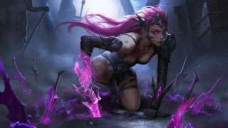 Pink haired woman mask kneeling - a dark alley free wallpaper