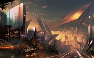 Futuristic city train sunset architecture - a futuristic city free wallpaper