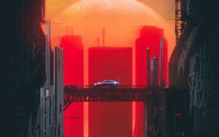 Car bridge sunset graffiti retrofuturism - solarpunk free wallpaper