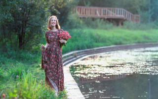 Woman dress pond bridge flower - a woman in a dress free wallpaper