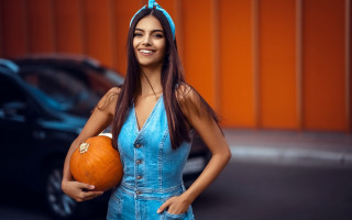 Woman blue dress pumpkin halloween - aestheticism free wallpaper