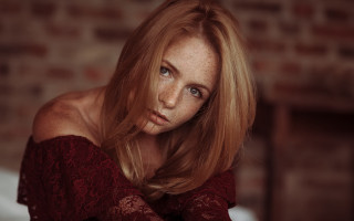 Freckled woman red dress brick - a brick wall behind her free wallpaper