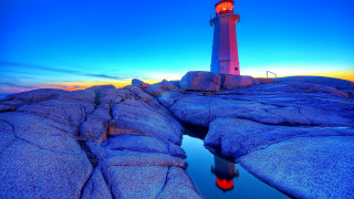 Lighthouse rocky shore sunset reflection 2 - a rocky shore free wallpaper
