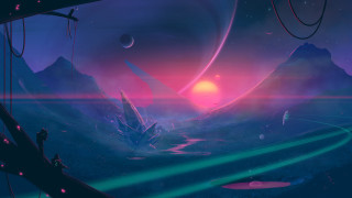 Futuristic landscape river mountains sunset - a distant planet in the distance free wallpaper