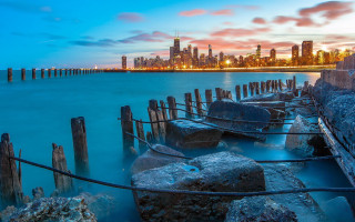 City skyline harbor rocks cloudy - a city skyline free wallpaper