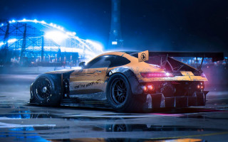 Yellow car stadium night cyberpunk - a parking lot free wallpaper
