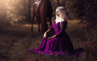 Woman purple dress horse forest - a man in the background free wallpaper