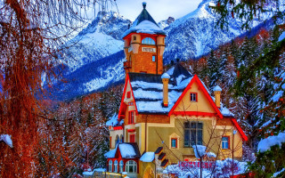House tower snowy mountains autumn - color free wallpaper