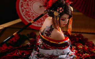 Woman tattoo red umbrella kimono - tattoo free wallpaper