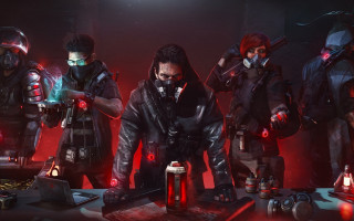 Dystopian redlights gasmasks cyberpunk gun - dystopian art free wallpaper