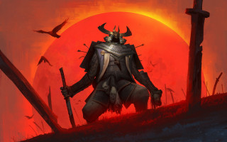 Knight horned helmet sword red - art greg rutkowski free wallpaper