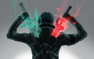 Glowing sword holding katana male - a red light behind them free wallpaper