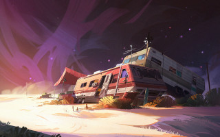 Red white rv snow night - a purple sky above free wallpaper