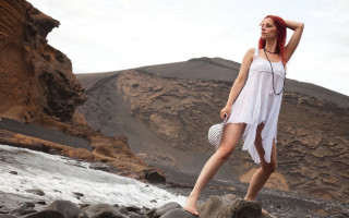 Woman white dress rocks water - figurative art free wallpaper