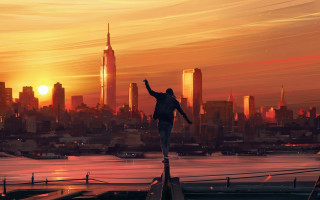 Cityscape sunset ledge person bird - alena aenami free wallpaper