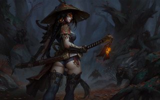 Woman sword forest lantern fantasy - league of legends concept art free wallpaper