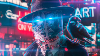 Neon city man hat bird - cyberpunk art free wallpaper