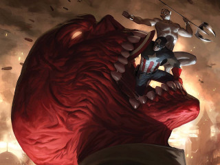 Man riding giant red monster - a sword free wallpaper for desktop