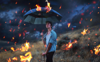 Fireman umbrella field fire sky - surreal photography free wallpaper