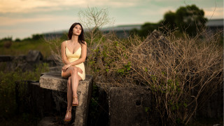 Woman yellow dress sitting bush - a yellow dress free wallpaper