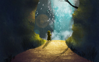 Tunnel tree waterfall bird fantasy - overhead free wallpaper