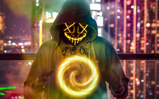 Neon mask neon ring cityscape - a neon free wallpaper
