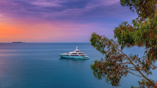 Boat sunset purple sky forest - rich moody colour free wallpaper