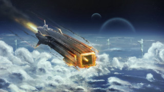 Space ship flying clouds city - yellow light free wallpaper