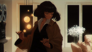 Woman cellphone room anime neo - neoromanticism free wallpaper