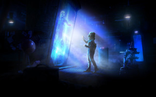 Woman hologram cyberpunk microphone glowing - a hologram free wallpaper for desktop