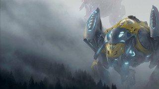 Robot fog trees yellow blue - mecha free wallpaper