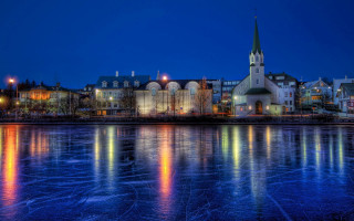 City church tower night water - the waters edge free wallpaper