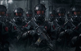 Soldiers gas masks line antipodeans - their face free wallpaper