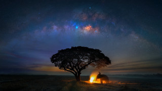 Night starry sky astronaut fire - milky free wallpaper