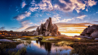 Sunset rocky landscape pond grass - a few rock free wallpaper for desktop